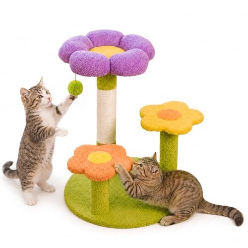 EVERGOODS Flower Cat Scratching Post Tower with Bed Sisal Cat Tree 48cm | Cat Scratching Tower Sisal Post With Plush Bed Design for Kittens Climbing Playing Resting Indoor Cat Activity Space