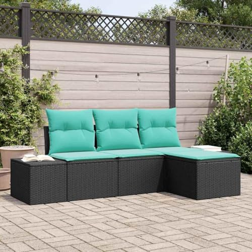 Ziaphsol trädgårdsmöbelset med kudde, 4-delad, svart, poly rotting loungegrupp matgrupp för terrass, balkong, utomhusmöbler med modulära element och väderbeständig design för avslappnat möte i