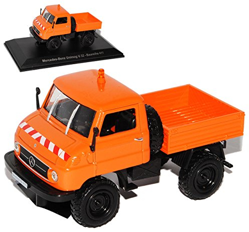 Atlas Mercedes-Benz Unimog U32 Baureihe 411 Straßendienst Orange mit Sockel 1/43 Modell Auto mit individiuellem Wunschkennzeichen