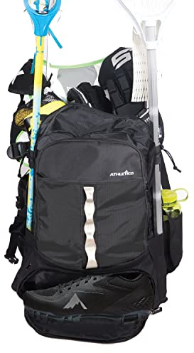 Athletico Lacrosse Bag - Extra Large Backpack - Field Hockey Equipment - Two Stick Holders and Separate Cleats Compartment (Black)