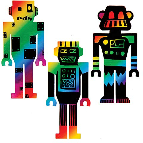 Baker Ross AT682 Roboter-Kratzkunst-Lesezeichen, 10 Stück, Regenbogen-Kratzpapier mit Kratzkunststift für Kinder zum Dekorieren, Kunst und Handwerksaktivitäten