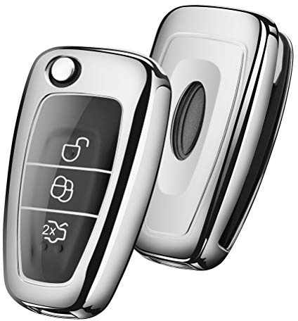 OATSBASF Autoschlüssel Hülle Geeignet für Ford Focus Mondeo Fusion Fiesta Ka Kuga S-Max C EcoSport 3 -Tasten Schlüsselhülle Cover Case TPU Schlüsselbox (Silber)