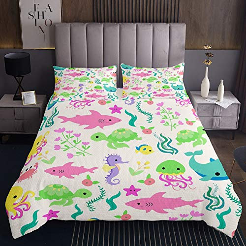 Colcha Acolchada Conde Tortuga de mar para niños y niñas, Juego de edredón de océano, Linda de habitación Acolchada de 3 Piezas de