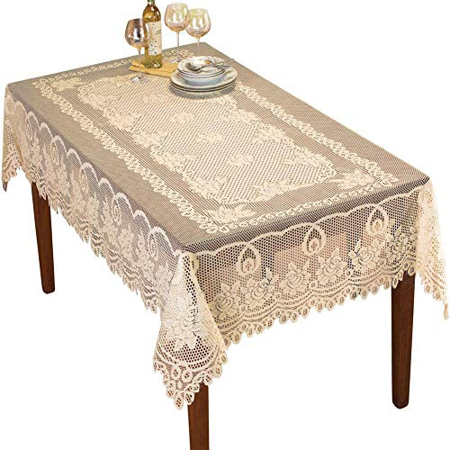 NC NC AMIPOS Spitzendeckchen Beige Häkelspitze – waschbare Tischdecke aus Polyester Jacquard für Esstisch, Hochzeit, Restaurant, Bankett, Picknick – Beige, 152 x 228 cm