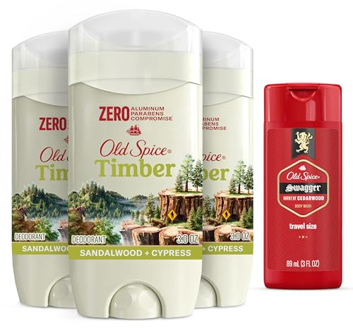 Old Spice Men's Deodorant Aluminum-Free Timber with Sandalwood, 3.0oz Pack of 3 with Travel-Size Swagger Body Wash
