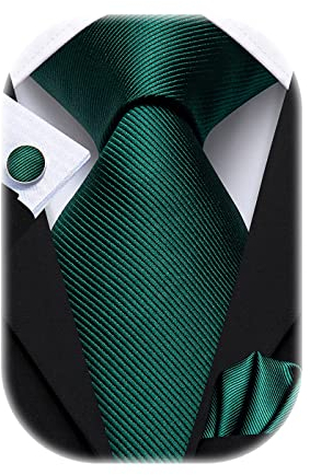 Hi-Tie Herren Krawatte Schwarz Paisley/Plaid/Streifen/Einfarbig Krawatten Set Einstecktuch Manschettenknöpfe Business Formal Hochzeit Meeting Geschenkbox,Dunkelgrün