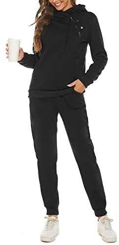 JENJON Conjunto Deporte Mujer Completo 2 piezas Manga Larga Pullover de Casa con Capucha Cremallera + Pantalones Casual de Otoño Invierno Yoga Fitness Negro XXL