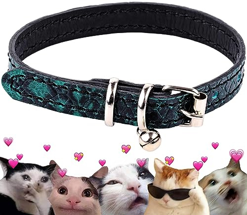 FAVPET Luxus Echtleder Katzenhalsband mit Glocke, Dünnes Katzenhalsband mit Metallschnalle, Schick Leder Katzen Halsbänder mit Glocke, Glöckchen Halsband Katze Leder, Katzen Lederhalsband (Grün)
