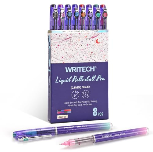 WRITECH Liquid Ink Rollerball Pens: 8ct Assorted Colors Extra Fine Point Tip 0.5mm Roller Ball Rolling Pen for Smooth Writing Coloring Drawing Journaling No Bleed & Smear &Smudge Multi Colored.