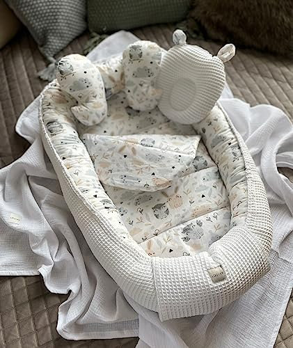 LOOLAY WEIß Waffelpique/HASE Beige-Weiß Babynest Babyaustattung Neugeborene Baby Unterlage Reisebett Nestchen Solo/o. in Premium Geschenk Sets (Nestchen + MATRATZE + Bärchen + Schmetterling)