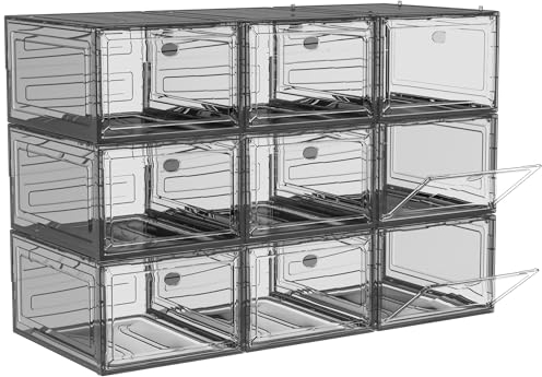 ARSTPEOE Schuhboxen, 9er Shoe Box, Schuhboxen Stapelbar Transparent, Schuhorganizer mit magnetischer Tür, Schuh-Vitrine.(Schwarz