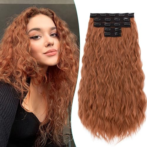 TESS Clip in Extensions Lockig 60 cm, Kupfer 5 PCS Clip in Haarteile Lang 250g mit 17 Clips Haarvolumen-Booster Wellen Synthetik Hair haarverlängerung Clip in Für Frauen
