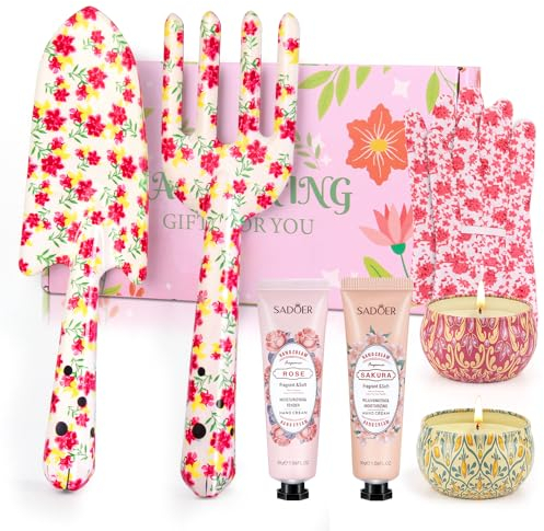 Gardening Gifts for Women, 8Pcs Garden Tools Set Including Hand Trowel, Fork, 2 Hand Creams, 2 Scented Candles, Soft Socks and Gloves, Mother's day Birthday Gifts for Women Mum Gardeners