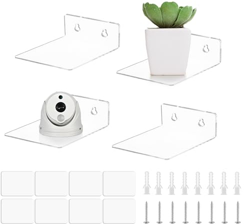 DRERIO 4 Stück Acryl Wandregale Set 10cm Mini Regal Transparent Wandregal Badezimmer, Kleines Wandregal Schlafzimmer mit 8 Aufkleber 8 Schrauben ohne Bohrung Regal Unsichtbare Regale für büro