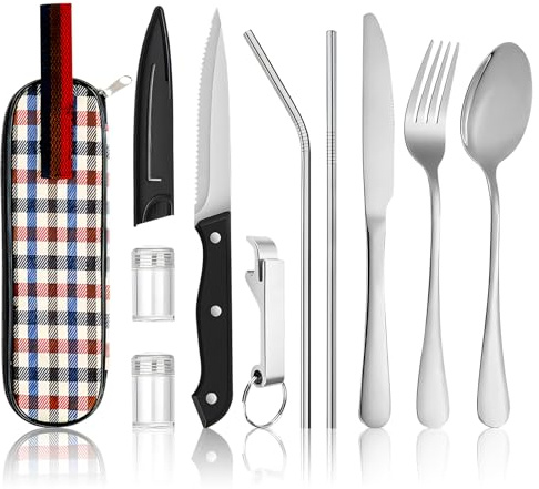 Reisebesteck Camping Besteck To Go, 10-teiliges Edelstahl Besteck mit Bestecktasche, Tragbares Campingbesteck für Reise, Camping, Unterwegs & Outdoor-Aktivitäten, Camping Besteckset 4 Personen