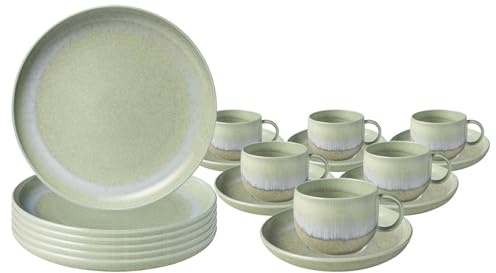 Villeroy & Boch Like. by Perlemor Alga Service à café 18 pièces, Tasses à café avec soucoupes (190 ML) et Assiettes à Petit-déjeuner (24 cm), Aspect Pottery avec Vernis réactif, Porcelaine de qualité
