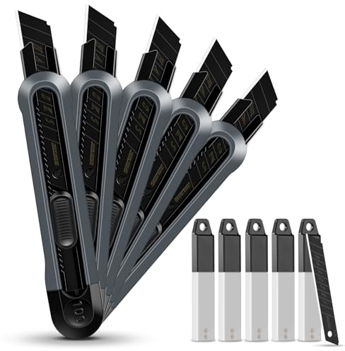 JOEJONI 5 Stück Cuttermesser Set, Cuttermesser 18mm mit 55 Ersatzklingen aus SK5, Profi Cuttermesser, Teppichmesser mit Sicherheitslock, ideales Werkzeug für Heimwerker