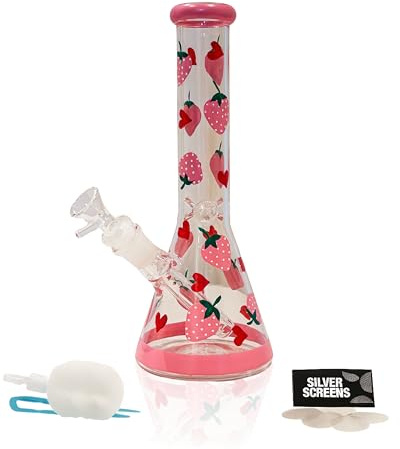 Summer Sunset LTD Glass Strawberry Bong, Beaker Shape, 24.5cm Tall, 369g, Pink, Hand-Painted Strawberries & Hearts, Ice Catcher, Complete Set with 14.5mm Bowl Piece & Downstem