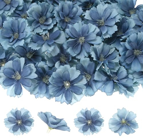 M METERXITY 100-Pezzi Teste di Fiori Artificiali, Testa di Prugna Finta in Seta per Decorazioni Matrimonio/Ghirlanda/Cappello/Scarpe/Feste, Petali Fiori Finti all'Ingrosso [1,97 Pollici, Blu]