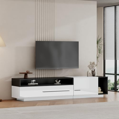 Merax TV-Schrank Hochglanz, TV Board Lowboard mit Schublade, Tür und offenem Fach, Eleganter TV-ständer für Fernseher bis zu 70 Zoll, Fernsehtisch für Wohnzimmer, Esszimmer, 170cm, Weiß & Schwarz