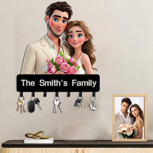 AIFLM Personalisierte Schlüsselhalter für die Wand Cartoon Style 3D Foto Key Rack Benutzerdefinierte Cartoon Portrait Foto hölzerne Schlüsselbrett Wand Geschenke für Housewarming Valentinstag