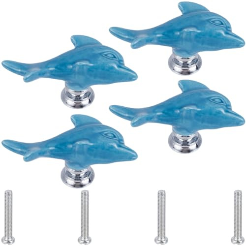 GORGECRAFT 4 Set di Manopole per Mobili in Ceramica con Delfini e Animali Marini Pomelli per Cassetti Tema Oceano Stile Cartone Animato Blu Manopole per Cassettiere Fatte A Mano con Lega di Zinco