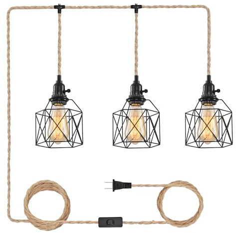 CAFULAM 3-Light Hanging Light with Plug in Cord,Plug in Pendant Light Hemp Rope Pendant Lighting Vintage 3-Light Hanging Lamp Fixtures for Kitchen Island Living Room Bedroom