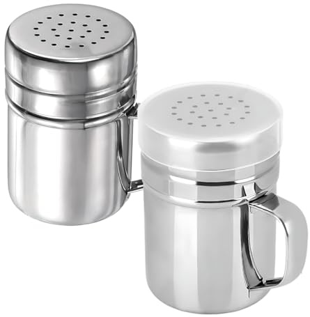Stainless Steel Salt Shaker Duster - Versatile Sugar Salt Pepper Shaker And Popcorn Sprinkler With Lid for Moisture Protection & Easy-Grip Handle | 6 Oz, Pack Of 2