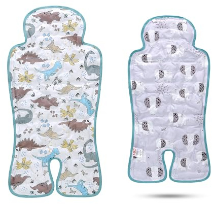 LAT Colchoneta Verano Silla Paseo, Reversible Funda Carro Bebe Universal con Almohadilla Refrigerante de Gel, Cojín Reductor Silla Paseo para Cochecito y Asiento (Dinosaurio+Elefante)