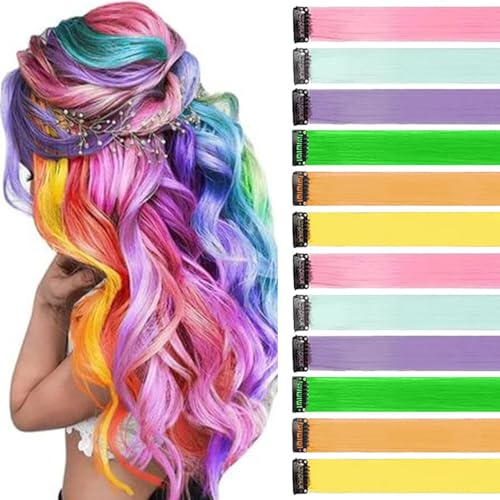 Lot de 12 mèches de cheveux à clipser 55 cm Couleurs mélangées Pour tresses et coiffures Extensions multicolores Accessoires pour enfants