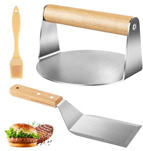 GlasFlength Pressa per Hamburger Set, Smash Burger Press in Acciaio Inox con Spatola Smash Burger Anti-Aderente con Manici in Legno e Spazzole per Hamburger/Bistecche/Grigliate/Pancetta/Sandwich