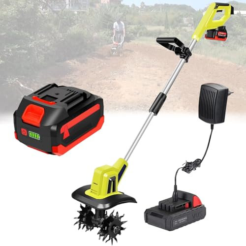 VFMVOYNZ Motozappa elettrica Coltivatore per Terreno Senza Fili con motozappa 2×4000mAh Batteria e Caricabatterie, Larghezza di Lavorazione 25 cm, profondità di Lavoro 22 cm, per Giardini, orti