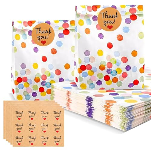 50 Stück Geschenktüten Kindergeburtstag Papiertüten mit 60 Aufkleber, Bunte Kindergeburtstag Gastgeschenke Klein 19×13×3,5cm, Candy Tüten zum Verpacken von Geschenken Giveaways Hochzeit Party