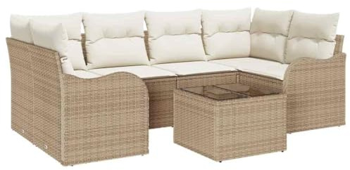 vidaXL Trädgårdsoffset med kudde med kudde 7 pcs Beige och gräddfärgad, Trädgårdsoffor, modulära, lätta, slitstarka, UV-skyddade, väderbeständiga, utemöbler för chill
