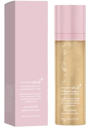 SPF50 Brume Solaire Fixatrice Transparente, 75ML Spray Solaire Fixateur Waterproof, Spray Maquillage Longue Tenue Protection UV, Brume Fixatrice Maquillage Scintillante Non Grasse, pour Visage & Corps