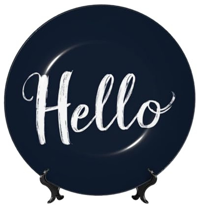 Bone China Decorative Plates With Stand,Word Hello On Navy Blue Round Display Plate For Kitchen Dining Room Wine Cabinet Home Decor 20cm