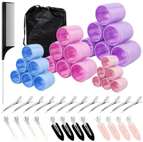 Euablfo 50 Pezzi Bigodini per Boccoli, 24 Bigodini per Volume, 4 Misure (60/48/36/25 Mm), Autoadesivi per Capelli Lunghi, Medi e Corti