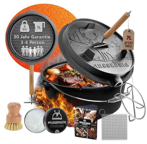GUSSKÖNIG Dutch Oven Set–Eingebrannter Dutch Oven 7L [3-6 Person]–Feuertopf Gusseisen ohne Füße–Schmortopf Doppelfunktion–2in1 Deckelheber,Untersetzer,Ringreiniger,Bürste,Rezeptbuch-30 Jahre Garantie