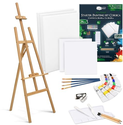 Artina 24tlg. Malset mit FSC Holz Staffelei höhenverstellbar für Einsteiger | 175cm Acrylfarben Set 5x Keilrahmen Pinsel Zubehör Künstler Hobbykünstler Corsica