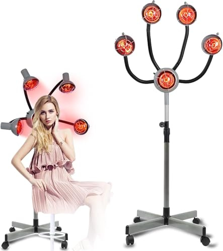 5 Head 750W Infrared Heat Lamp Red Light Portable Floor Hair Dryer Stand Up Color Processor Styling Perming Dryer Accelerator 110V (Grey)