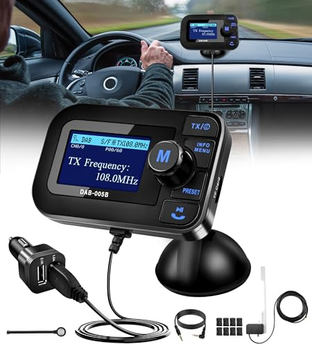 Adaptador Dab para Radio de Coche, Adaptador Dab Bluetooth Coche con TF, FM Transmisor Bluetooth Coches con Manos Libres Blueteeth, Adaptadores Radio Dab+ Reproductor de Música+Aux In/out