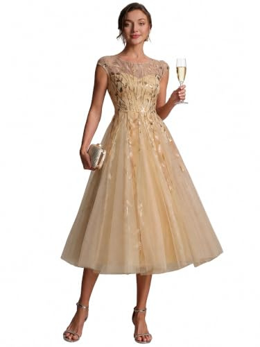Ever-Pretty Invitée de Mariage Col Rond Mi Longue | Tulle Non Extensible Coupe Trapèze Manches Courtes Paillettes Doublure EG02778
