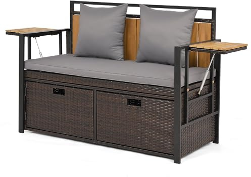 GIANTEX Gartenbank Polyrattan mit Stauraum, 2-Sitzer Sitzbank mit Kissen & klappbaren Seitenablagen, belastbar bis 360kg, 142,5 L Truhenbank, für Terrasse, Balkon， Poolbereich, 120 x 51 x 82 cm (Grau)