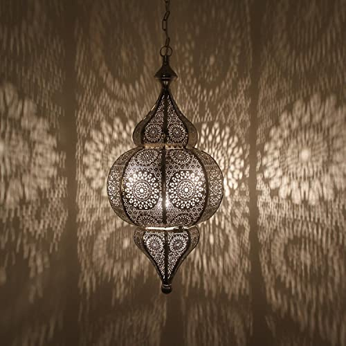 Lampe orientale á suspension, marocaine - hauteur 54 cm avec E27 - Plafonnier excellent pour superbes effets de lumière | fait à la main - Lampe argentée Melisa