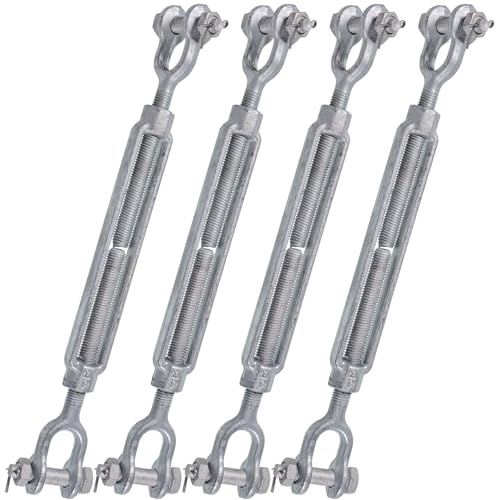 US Cargo Control Jaw and Jaw Turnbuckles 3/8 x 6 (4-Pack), 1,200 LBS Working Load Limit, UNC Thread Hot-Dipped Galvanized Turnbuckle Heavy Duty for Wire Rope, Zip-Line, Shade Sail, Sun Shade