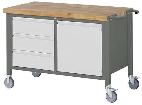 STIER Fahrbare Werkbank Premium, 3 Schubladen und 1 Tür, 125x70x88cm, Stahl & Buche, Montagewerkbank