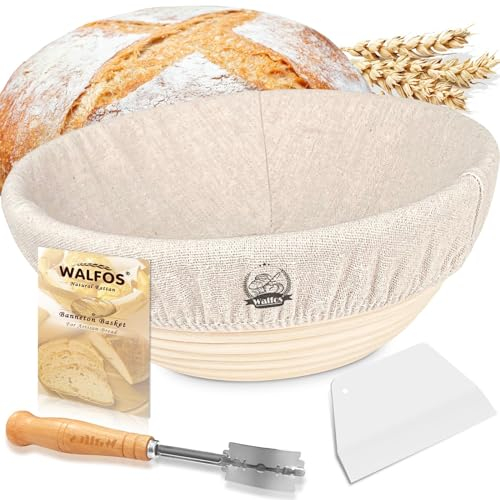 Walfos Sourdough Starter kit Banneton Proofing Basket Set9/23cm - Natural Rattan - Hand Crafted Bread Lame, Linen Cloth Liner & Dough Scraper Included, Professional Bakers