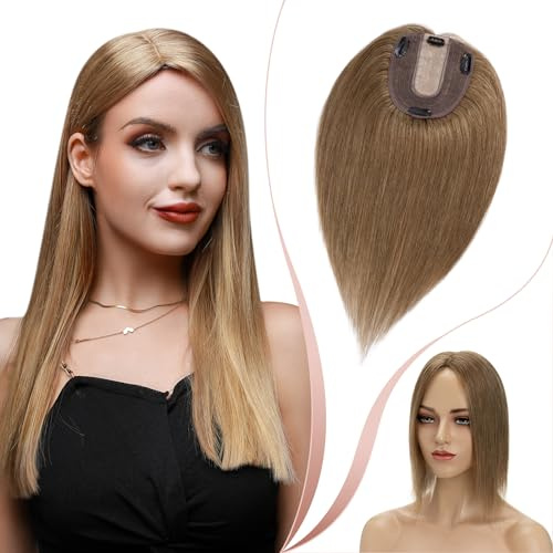 Elailite Haarteil Echthaar Topper Clip in Toupet Frauen Hellbraun Haartopper Extensions Seide Basis Clip in Extensions Haarverlängerung 130% Dichte Remy Silk Base Glatt (45cm 57g)