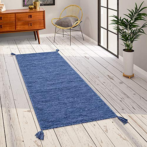 Paco Home Teppich Wohnzimmer Modern Einfarbig Mit Fransen Baumwolle Webteppich In Blau, Grösse:80x150 cm