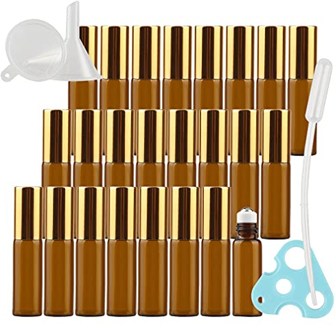 ZEOABSY Ambra Vetro Essential oil Roller Bottiglie con Tappo di d'oro, sfere in acciaio inox, 5 ml 24 Pezzi Roll-On Bottiglietta per aromaterapia, fragranza + 1 x Opener, 1 x Contagocce, 3 x imbuto
